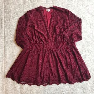 Wine Red Lace Wrap Top w/ Peplum Hem from Kiyonna